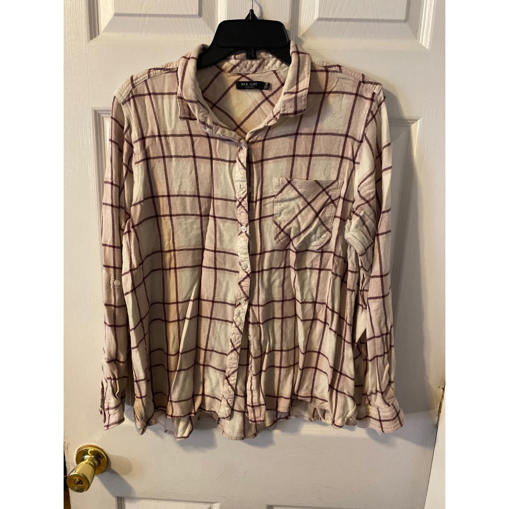 Max Jeans Womens 1X Plaid Button Down Shirt Cream Burgundy Long Sleeve Pocket